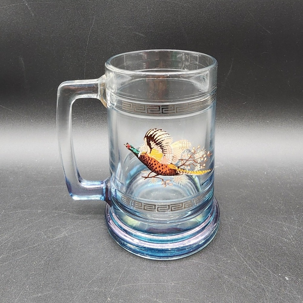 Vintage Blue Glass Pheasant Beer Stein Mug Bird Hunting Cabin Barware Decor